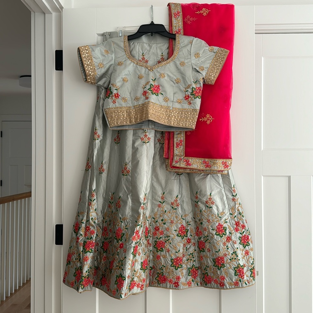 Elegant Gray and Red Lehenga with Gold Accents
